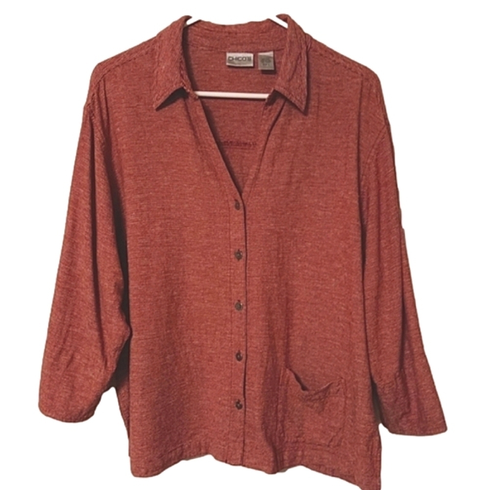 Chico's Red Heathered Linen/Rayon Blend, Lightweight Jacket/Shacket Button-up 12